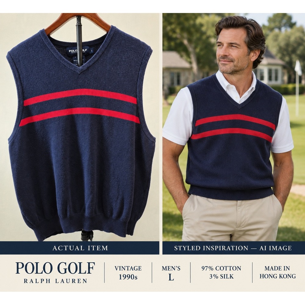 Vintage Polo Golf Ralph Lauren Sweater Vest L Navy Blue Red Stripes Cotton Silk